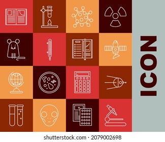 Set line Microscope, Satellite, Bacteria, Meteorology thermometer measuring, Rat, Open book and Notebook icon. Vector