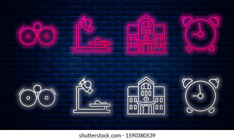 Set line Microscope, School building, Ringing alarm bell and Alarm clock. Glowing neon icon on brick wall. Vector