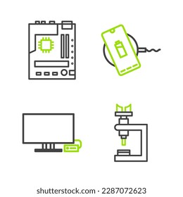 Set line Microscope, Smart TV, Wireless Ladegerät und Motherboard Symbol. Vektorgrafik