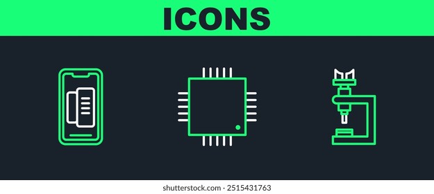 Set line Microscope, Smartphone, mobile phone and Processor with microcircuits CPU icon. Vector