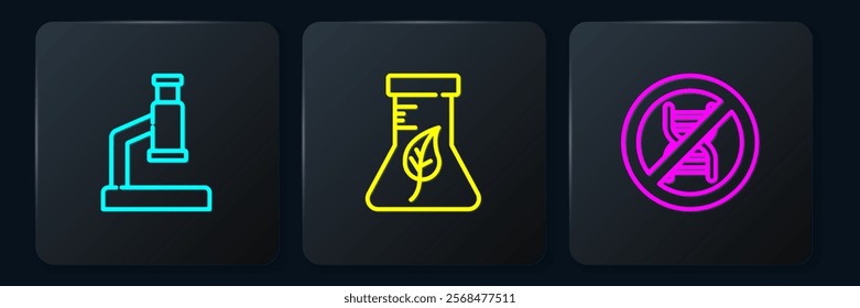 Set line Microscope, Stop GMO and Test tube and flask. Black square button. Vector