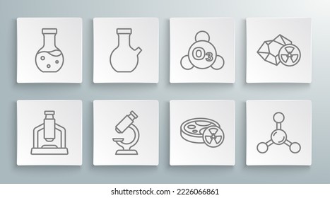 Die Linie Mikroskop, Prüfrohr, mit toxischer Flüssigkeit, Molekül, Ozon, Radioactive und Icon. Vektorgrafik