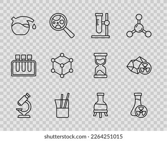 Set line Microscope, Test tube with toxic liquid, flask on stand, Laboratory glassware, Molecule,  and Radioactive icon. Vector