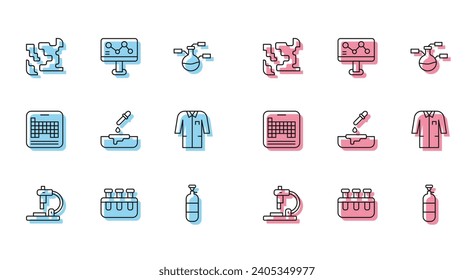 Línea Microscopio, tubo de ensayo y matraz, gaseoso, tanque de gas propano, placa de Petri con pipeta, uniforme de laboratorio, tabla periódica e icono de fórmula química. Vector