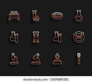 Set line Microscope, Test tube, Alcohol or spirit burner, Old hourglass, Helium and  icon. Vector