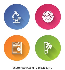 Set line Microscope, Virus, Clipboard with blood test results and Test tube virus. Color circle button. Vector