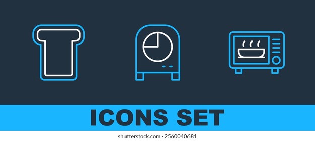 Set line Microwave oven, Bread toast and Kitchen timer icon. Vector