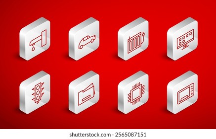 Set line Microwave oven, Car, Heating radiator, Smart Tv, Processor with microcircuits CPU, Water tap, Printer and Traffic light icon. Vector