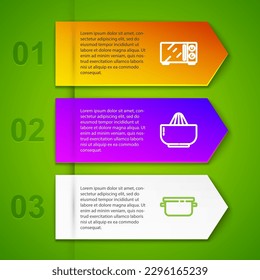 Set line Microwave oven, Citrus fruit juicer, Cooking pot and Frying pan. Business infographic template. Vector