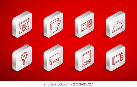 Set line Horno microondas, Taza de café, Cubierto con bandeja, básculas Electrónicas, básculas, tostadora y sartén icono. Vector