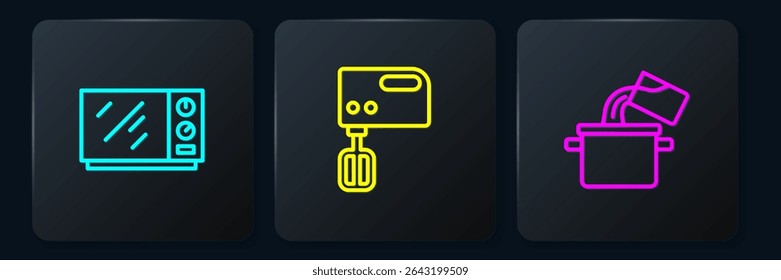 Set line Microwave oven, Cooking pot and Electric mixer. Black square button. Vector