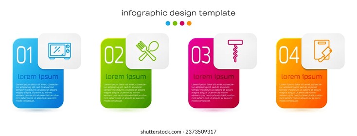 Fijar la línea de horno microondas, tenedor y cuchara cruzadas, tornillo de corteza de vino y helicóptero de carne de tabla de corte. Plantilla de infografía empresarial. Vector