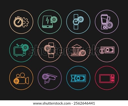 Set line Microwave oven, Fast payments, Wrist watch setting, Smartwatch, Tv, Time management, Bank building and Power bank icon. Vector