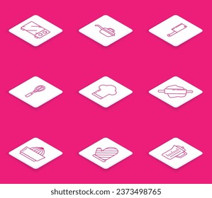 Set line Microwave oven, Frying pan, Meat chopper, Kitchen whisk, Chef hat, Rolling pin, Citrus fruit juicer and Oven glove icon. Vector