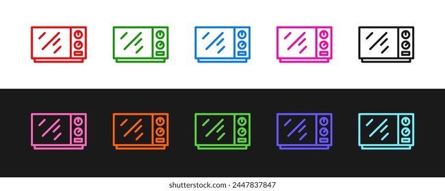Set line Microwave oven icon isolated on black and white background. Home appliances icon.  Vector