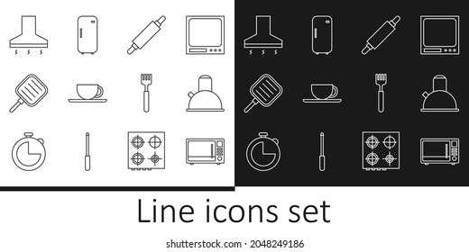 Set line Microwave oven, Kettle with handle, Rolling pin, Coffee cup, Frying pan, Kitchen extractor fan, Fork and Refrigerator icon. Vector