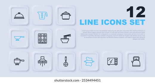 Set line Microondas, Hervidor de agua con mango, Estufa de gas, Rolling pin en masa, Sartén fuego, Extractor de cocina, Taza de medición y Espátula icono. Vector