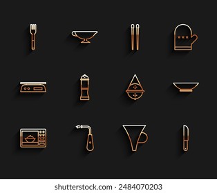 Set line Microwave oven, Long electric lighter, Fork, Funnel filter, Knife, Pepper, Bowl and Ball tea strainer icon. Vector