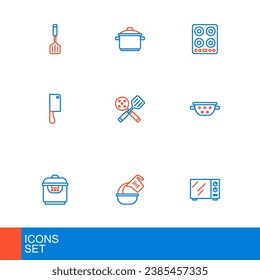Fijar la línea de horno microondas, taza y tazón de medida, cocina lenta, colador de cocina, helicóptero de carne, espátula, estufa de gas e ícono de olla de cocina. Vector
