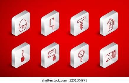 Set line Microwave oven, Meat chopper, Wine corkscrew, Teapot, Frying pan, Kitchen timer, Electric mixer and whisk icon. Vector