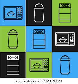 Set line Microwave oven, Open matchbox and matches and Salt and pepper icon. Vector