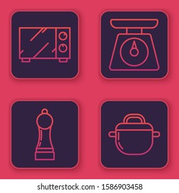 Set line Microwave oven , Pepper , Scales  and Cooking pot . Blue square button. Vector