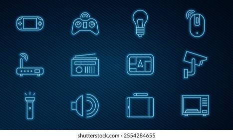 Set line Microwave oven, Security camera, Light bulb with concept of idea, Radio antenna, Router and wi-fi signal, Portable video game console, Gps device map and Wireless gamepad icon. Vector