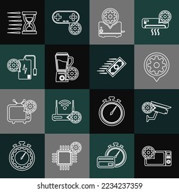 Set line Microwave oven setting, Security camera, Setting, Toaster, Blender with bowl, Power bank, Old hourglass sand and Fast payments icon. Vector