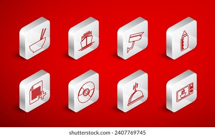 Set line Microwave oven, Ship, Security camera, Baby bottle, Covered with tray of food, Bowl chopsticks, CD or DVD disk and Add new file icon. Vector