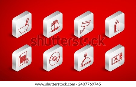 Set line Microwave oven, Ship, Security camera, Baby bottle, Covered with tray of food, Bowl chopsticks, CD or DVD disk and Add new file icon. Vector