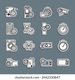 Set line Microwave oven, Stopwatch, Time management setting, Fast payments, Hourglass, Mobile Apps, Drill machine and Wrist icon. Vector
