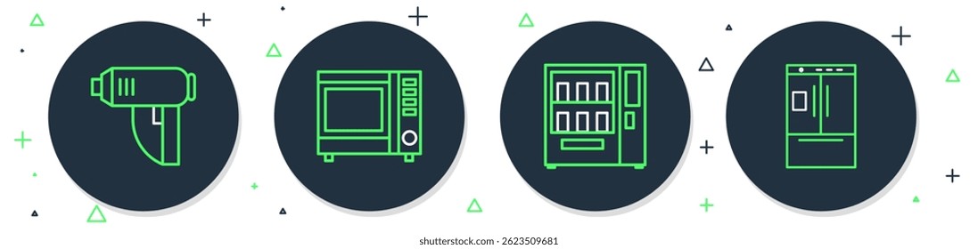 Set line Micro-ondas forno, máquina de venda automática, secador industrial elétrico e ícone do refrigerador. Vetor