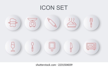 Set line Microwave oven, Wine glass, Rolling pin, Knife, on dough, Scales, Teaspoon and Cutting board icon. Vector