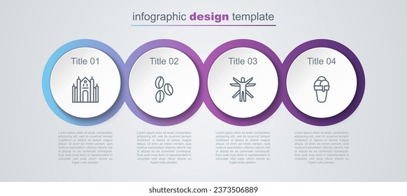 Set line Milan Cathedral, Coffee beans, Vitruvian Man and Ice cream. Business infographic template. Vector