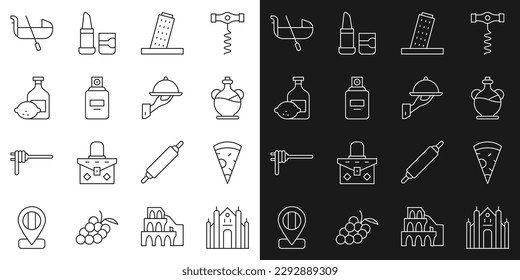 Set line Milan Cathedral, Slice of pizza, Bottle olive oil, Tower in Pisa, Perfume, Limoncello bottle, Gondola and Covered with tray food icon. Vector