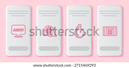 Set line Military army, Target sport, Canteen water bottle and Dynamite bomb. White rectangle button. Vector