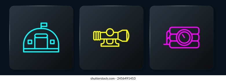 Set line Military barracks, Dynamite and timer clock and Sniper optical sight. Black square button. Vector
