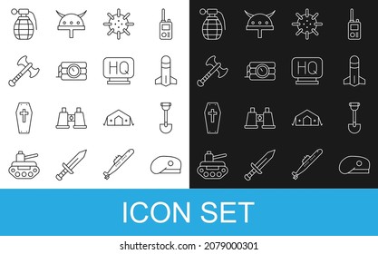 Set line Military beret, Sapper shovel, Rocket, Naval mine, Dynamite and timer clock, War axe, Hand grenade and headquarters icon. Vector