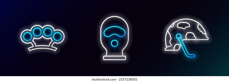 Set line Military helmet, Brass knuckles and Balaclava icon. Glowing neon. Vector