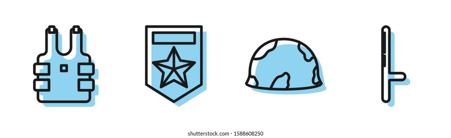 Set line Military helmet , Bulletproof vest for protection from bullets , Chevron  and Police rubber baton  icon. Vector