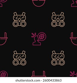 Set line Military helmet, Gas mask and Protest on seamless pattern. Vector