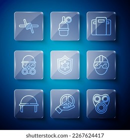 Set line Military helmet, Peace, Gas mask, Police assault shield, badge, Barbed wire and Special forces soldier icon. Vector