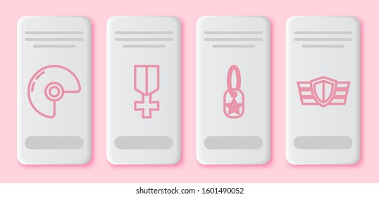 Set line Military helmet , Military reward medal , Military dog tag  and Military reward medal . White rectangle button. Vector