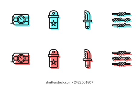Set line Military knife, Dynamite and timer clock, Chevron and Barbed wire icon. Vector