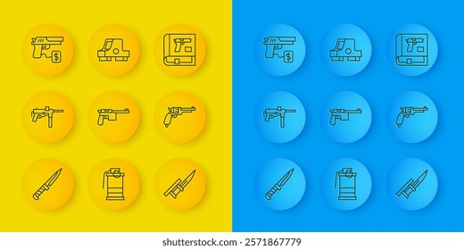 Set line Military knife, Submachine gun M3, Mauser, Bayonet on rifle, Revolver, Buying pistol, Book with or and Collimator sight icon. Vector