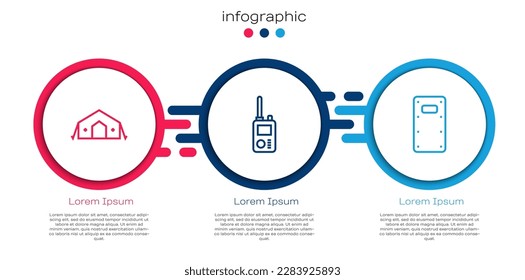 Set line Military medical tent, Walkie talkie and assault shield. Business infographic template. Vector