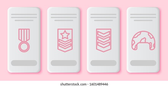 Set line Military reward medal , Chevron , Military rank  and Military helmet . White rectangle button. Vector