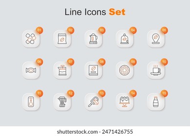 Set line Milk bottle, Cake, Spatula with coffee grain, Coffee maker moca pot, thermometer, cup, Donut and book icon. Vector