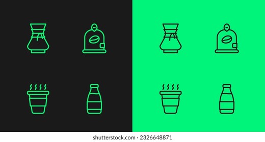 Set line Milk bottle, Coffee cup to go, Pour over coffee maker and Bag beans icon. Vector