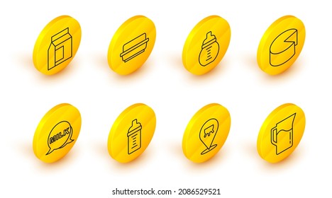 Fijar la línea Leche o jarra, Leche, Leche para bebé en una botella, Letras, Queso, Plato de mantequilla a la mantequilla y Paquete de papel para un icono. Vector